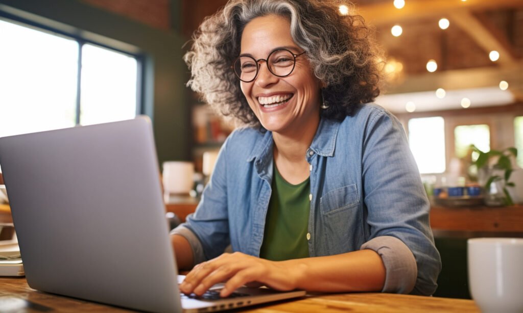 Attractive mature hispanic woman sitting in front of a laptop smiling